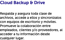 Cloud Backup & Drive Respalda y asegura toda clase de archivos, accede a ellos y sincronízalos con equipos de escritorio y móviles. Promueve la colaboración entre empleados, clientes y/o proveedores, al acceder a tu información desde cualquier lugar.